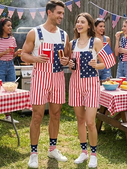 WORK IDEA Men's American Flag Overall Shorts - 250th Anniversary Patriotic USA Stretch Cotton 4th of July