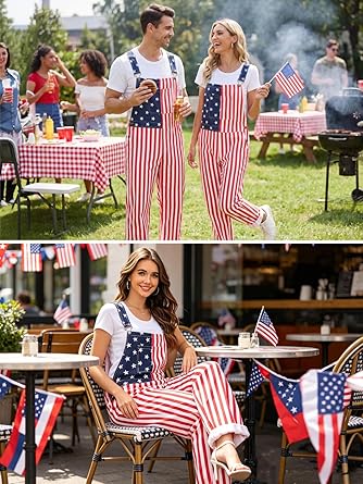 WORK IDEA Women's American Flag Overalls - 250th Anniversary Patriotic USA Stretch Cotton Bibs 4th of July