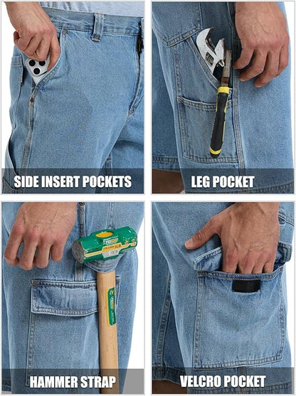WORK IDEA Men's Cargo Denim Work Shorts, Relaxed Fit, Heavy Duty Cotton, Multiple Pockets and Durable Fabric