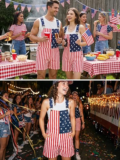 WORK IDEA Women's American Flag Overall Shorts - 250th Anniversary Patriotic USA Stretch Cotton 4th of July