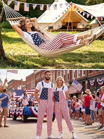 WORK IDEA Women's American Flag Overalls - 250th Anniversary Patriotic USA Stretch Cotton Bibs 4th of July
