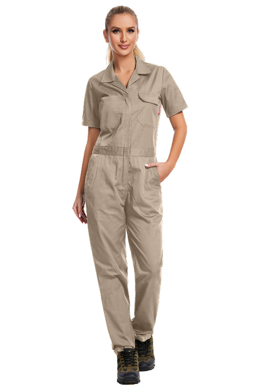 WORK IDEA Women's Short Sleeve Coverall Lightweight Snap-Front Cotton Work Jumpsuit