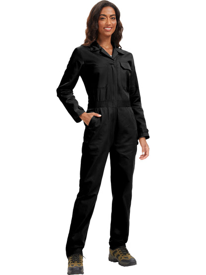 WORK IDEA Women's Long Sleeve Coveralls - 100% Cotton Work Jumpsuits Action Back And Utility Pockets with Hook