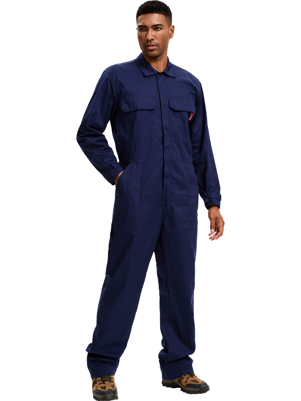 WORK IDEA Men's 100% Cotton Workwear. It features long sleeves, durable twill fabric, multiple pockets for storage, and is suitable for both casual and work scenarios.