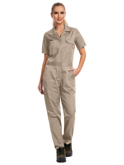 WORK IDEA Women's Short Sleeve Coverall Lightweight Snap-Front Cotton Work Jumpsuit
