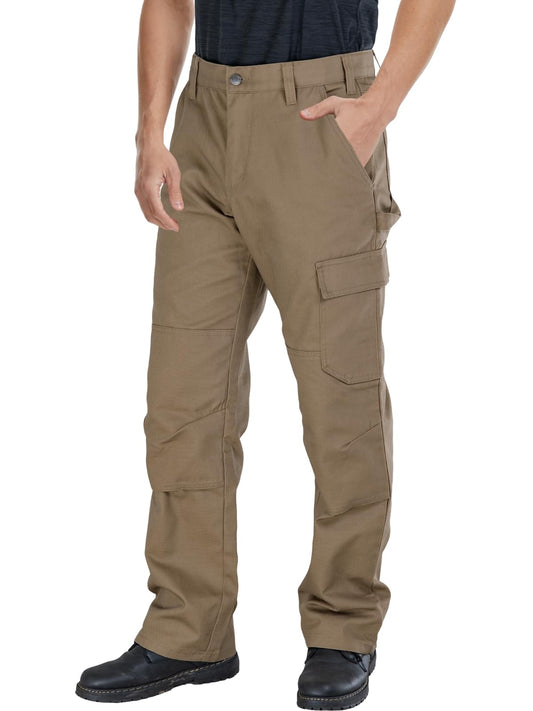 WORK IDEA Men's Heavy-Duty Canvas Work Pants with Knee Pad Pockets, Durable Carpenter Trousers for Construction Khaki