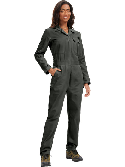 WORK IDEA Women's Long Sleeve Coveralls - 100% Cotton Work Jumpsuits Action Back And Utility Pockets with Hook
