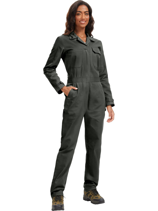 WORK IDEA Women's Long Sleeve Coveralls - 100% Cotton Work Jumpsuits Action Back And Utility Pockets with Hook
