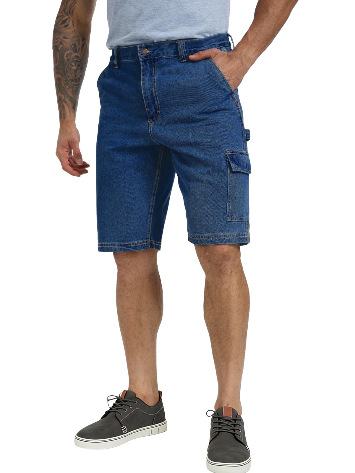 WORK IDEA Men's Cargo Denim Work Shorts, Relaxed Fit, Heavy Duty Cotton, Multiple Pockets and Durable Fabric