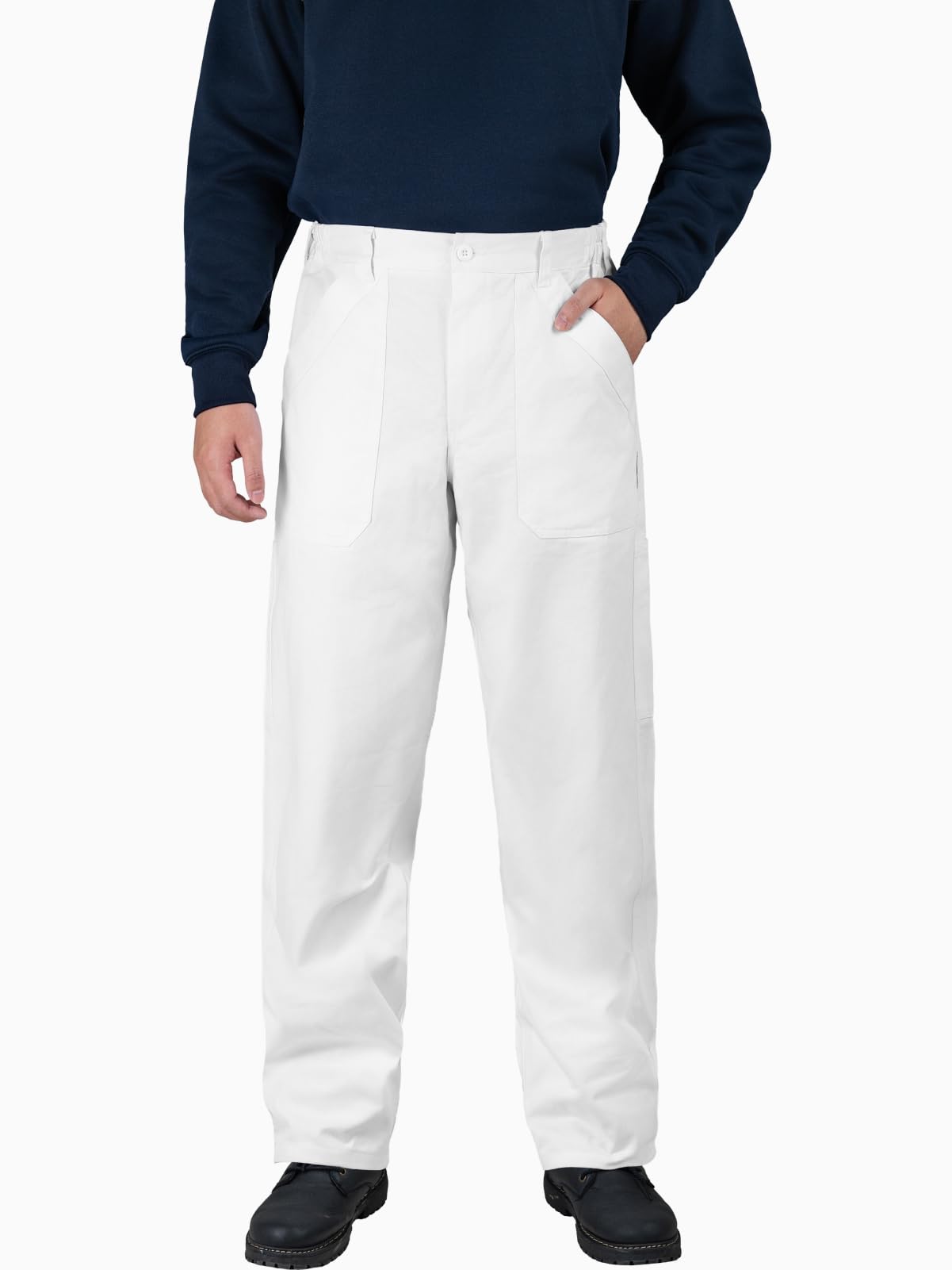 WORK IDEA Men's Cotton Painter Pants - White Relaxed Fit Chinos, Straight Leg Casual Trousers with Patch Pockets