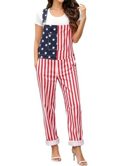 WORK IDEA Women's American Flag Overalls - 250th Anniversary Patriotic USA Stretch Cotton Bibs 4th of July