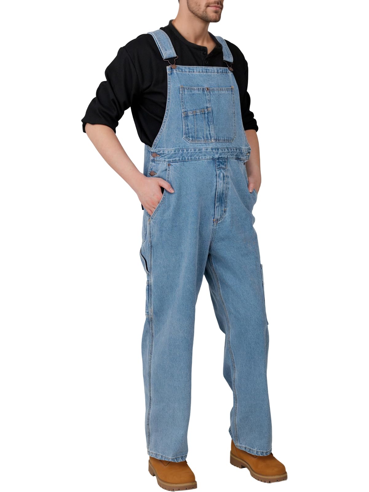 WORK IDEA Men's Denim Bib Overalls, Heavy Duty Cotton, Multi-Pocket Design with Hammer Loop for Carpenter