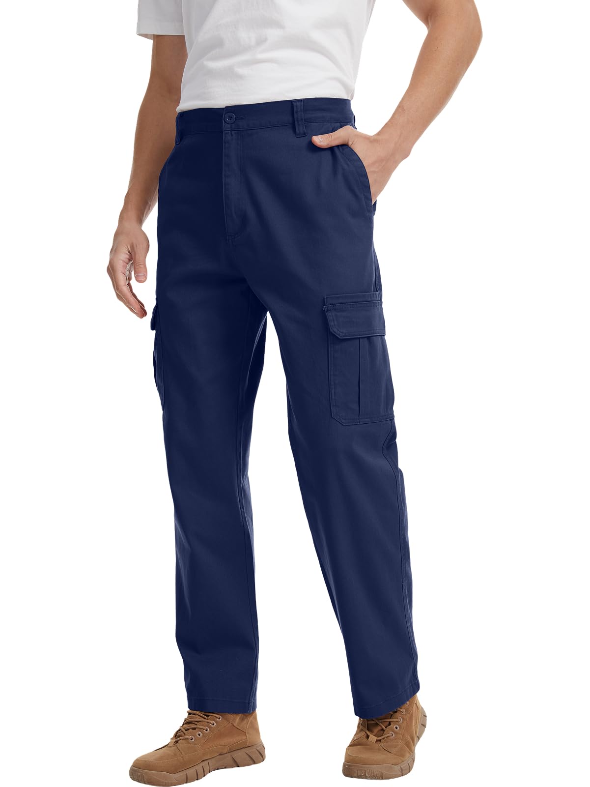 WORK IDEA Men's Stretch Cargo Pants, Relaxed Fit Flex Cotton Utility Trousers with 6 Pockets for Work, Outdoor & Travel