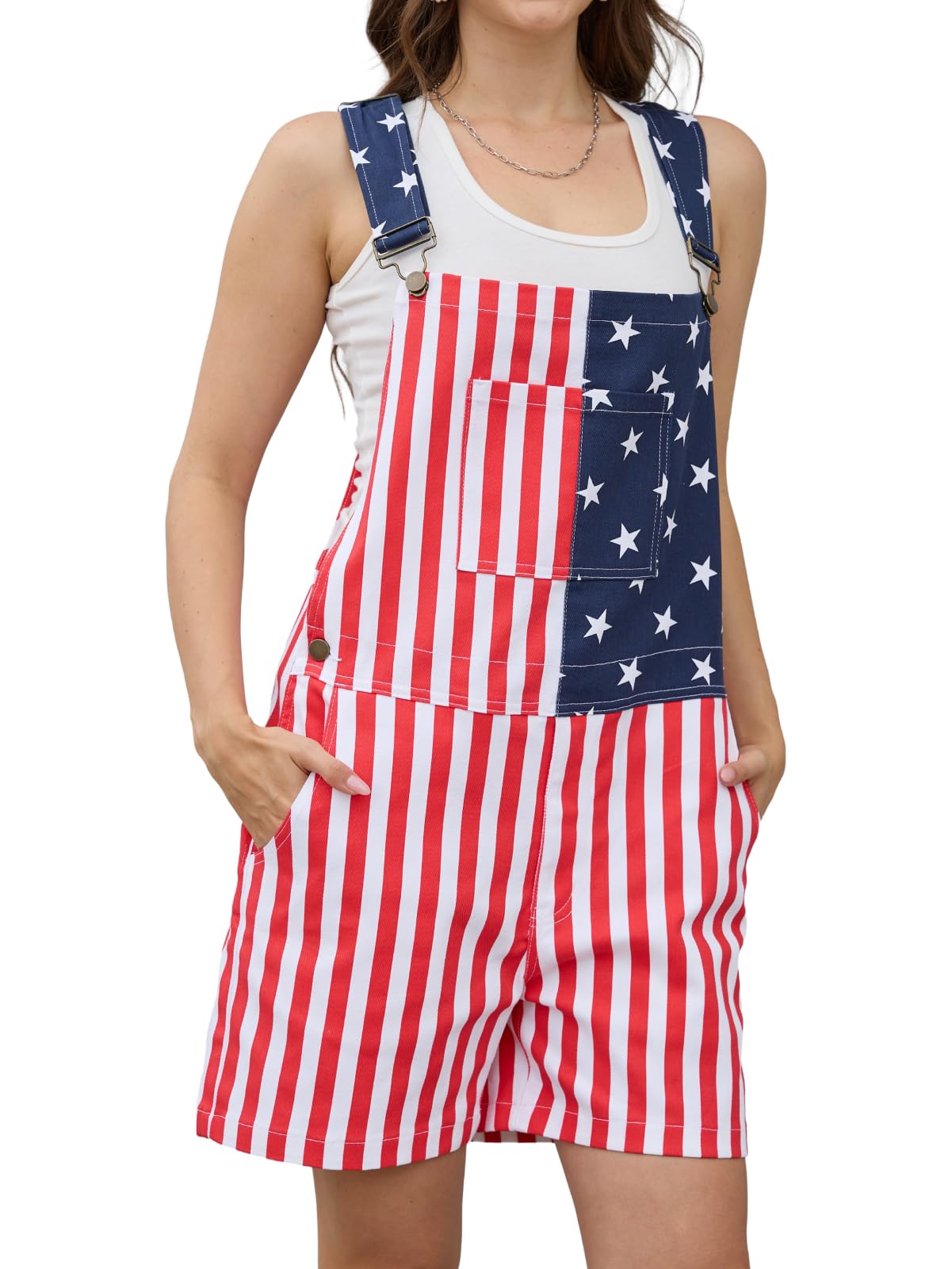WORK IDEA Women's American Flag Overall Shorts - 250th Anniversary Patriotic USA Stretch Cotton 4th of July