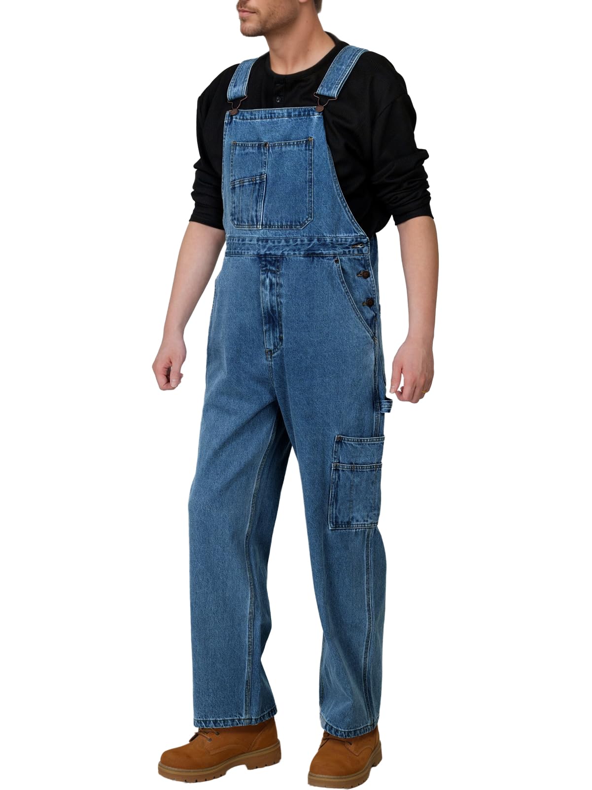 WORK IDEA Men's Denim Bib Overalls, Heavy Duty Cotton, Multi-Pocket Design with Hammer Loop for Carpenter