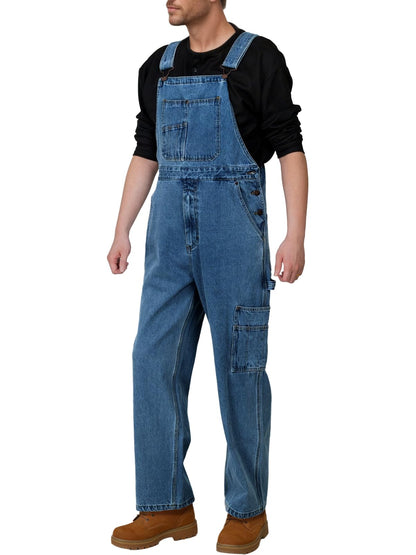 WORK IDEA Men's Denim Bib Overalls, Heavy Duty Cotton, Multi-Pocket Design with Hammer Loop for Carpenter