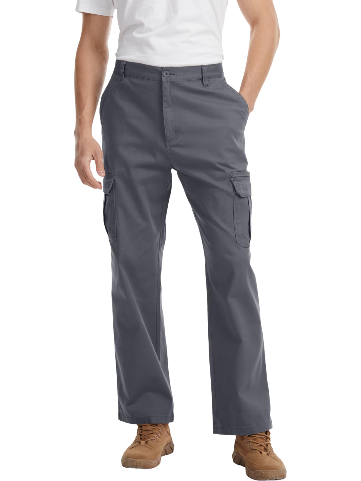 WORK IDEA Men's Stretch Cargo Pants, Relaxed Fit Flex Cotton Utility Trousers with 6 Pockets for Work, Outdoor & Travel