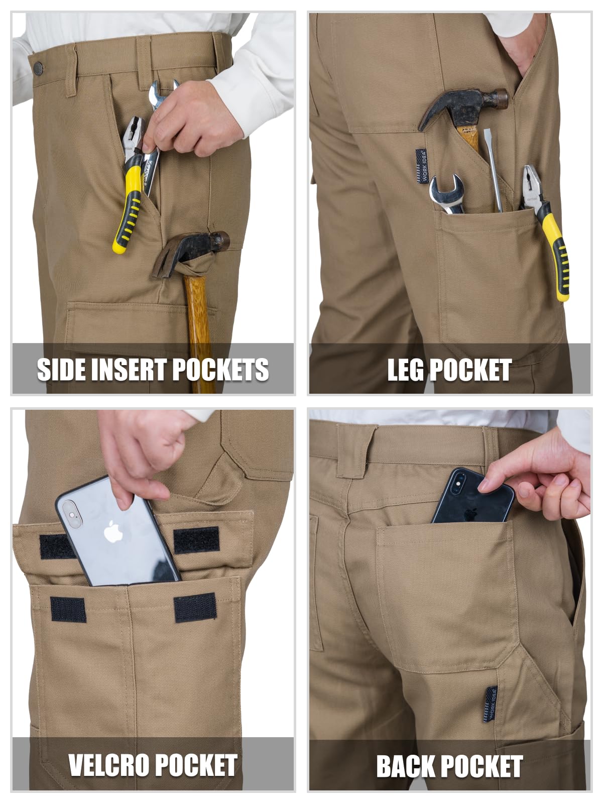 WORK IDEA Men's Heavy-Duty Canvas Work Pants with Knee Pad Pockets, Durable Carpenter Trousers for Construction Khaki