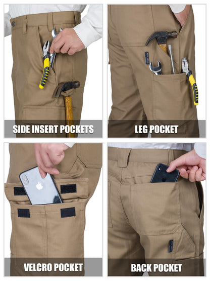 WORK IDEA Men's Heavy-Duty Canvas Work Pants with Knee Pad Pockets, Durable Carpenter Trousers for Construction Khaki