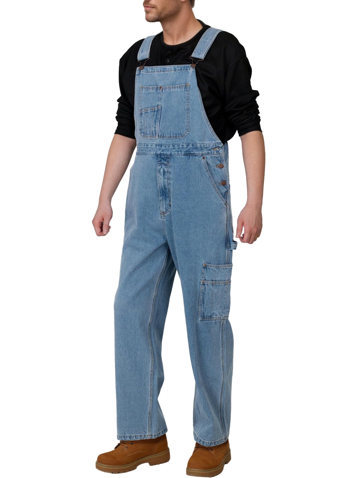 WORK IDEA Men's Denim Bib Overalls, Heavy Duty Cotton, Multi-Pocket Design with Hammer Loop for Carpenter