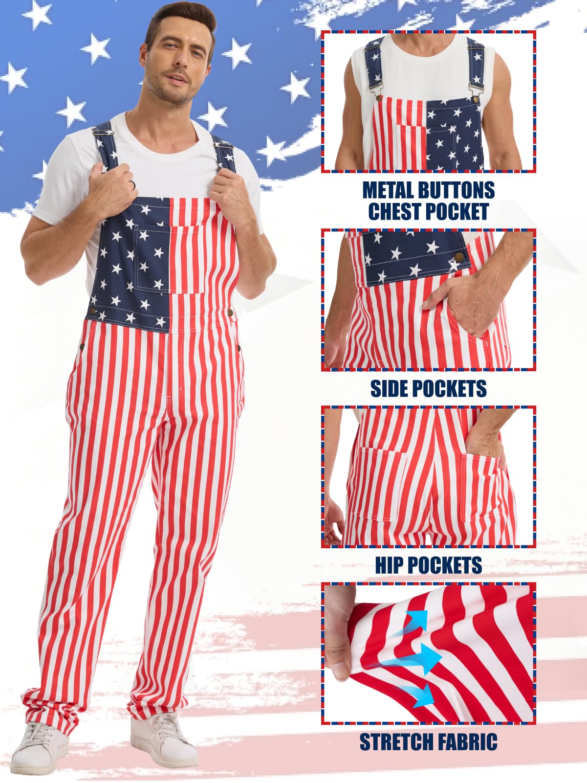 WORK IDEA Men's American Flag Overalls - 250th Anniversary Patriotic USA Stretch Cotton Bibs 4th of July