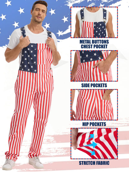 WORK IDEA Men's American Flag Overalls - 250th Anniversary Patriotic USA Stretch Cotton Bibs 4th of July