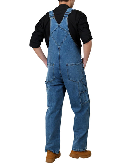 WORK IDEA Men's Denim Bib Overalls, Heavy Duty Cotton, Multi-Pocket Design with Hammer Loop for Carpenter