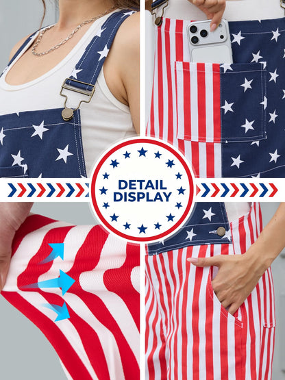 WORK IDEA Women's American Flag Overalls - 250th Anniversary Patriotic USA Stretch Cotton Bibs 4th of July