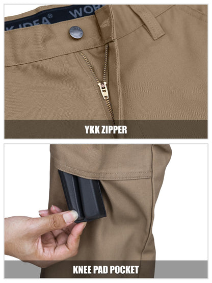 WORK IDEA Men's Heavy-Duty Canvas Work Pants with Knee Pad Pockets, Durable Carpenter Trousers for Construction Khaki