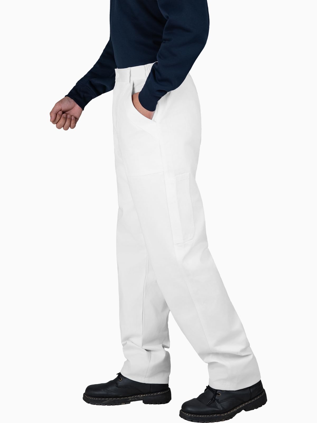 WORK IDEA Men's Cotton Painter Pants - White Relaxed Fit Chinos, Straight Leg Casual Trousers with Patch Pockets