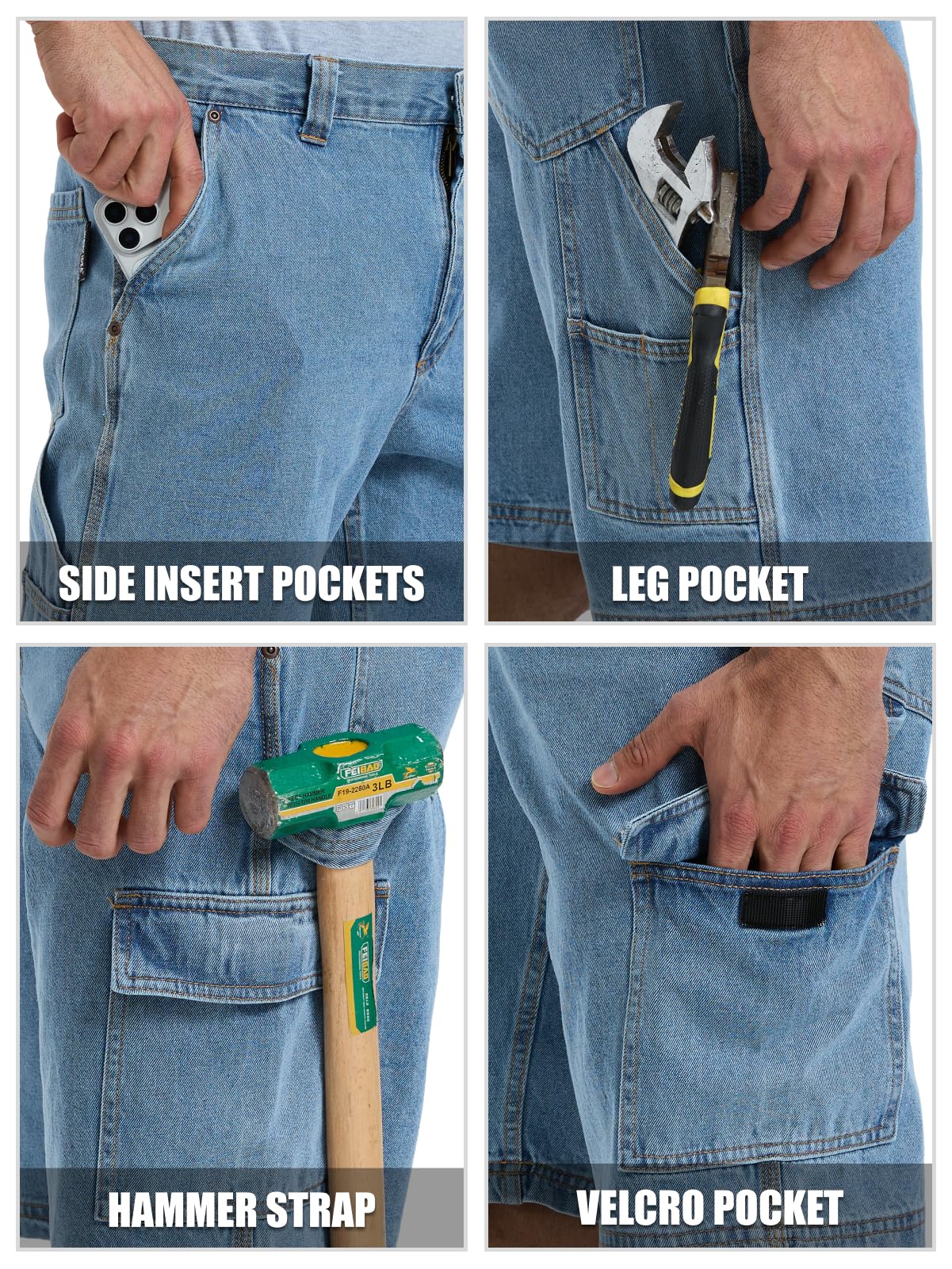 WORK IDEA Men's Cargo Denim Work Shorts, Relaxed Fit, Heavy Duty Cotton, Multiple Pockets and Durable Fabric