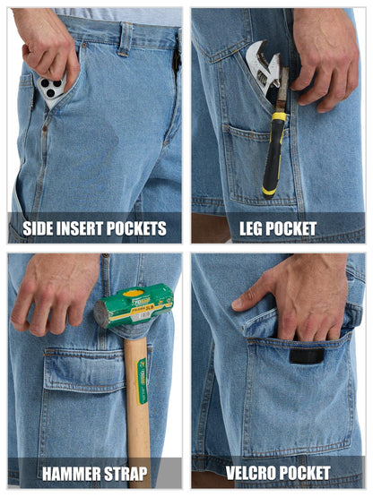 WORK IDEA Men's Cargo Denim Work Shorts, Relaxed Fit, Heavy Duty Cotton, Multiple Pockets and Durable Fabric