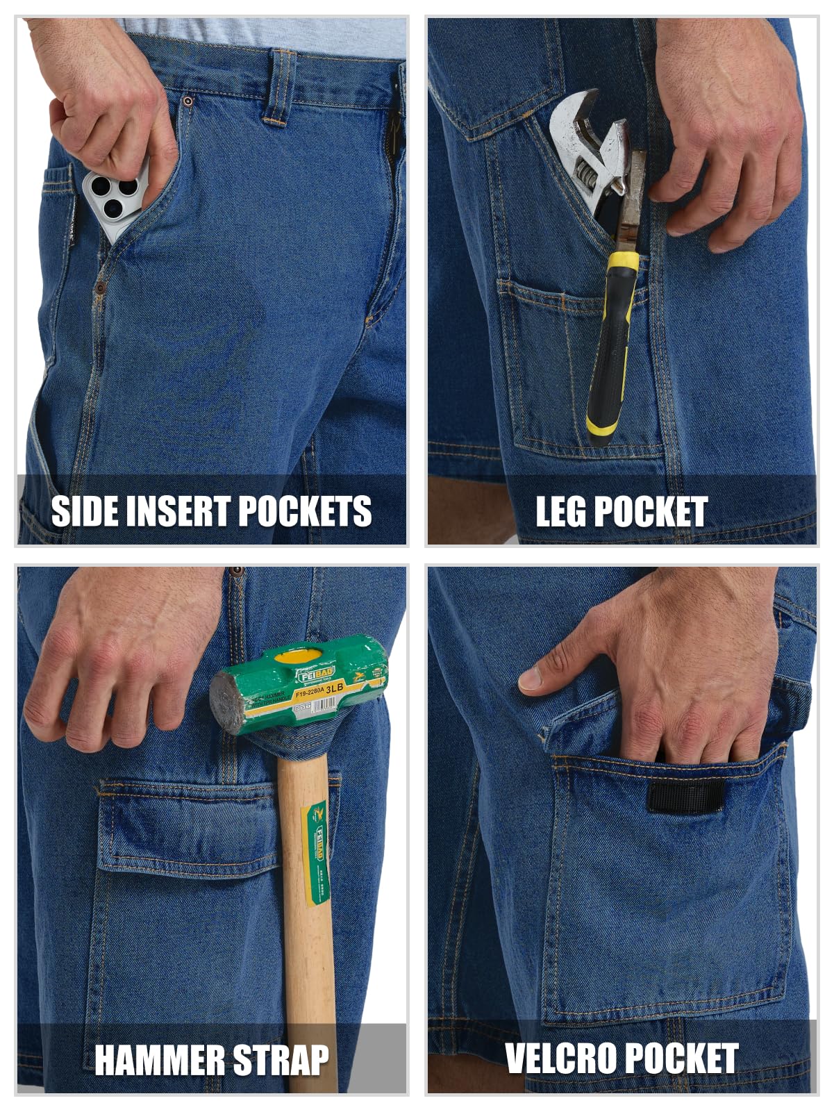 WORK IDEA Men's Cargo Denim Work Shorts, Relaxed Fit, Heavy Duty Cotton, Multiple Pockets and Durable Fabric