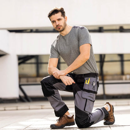 WORK IDEA Men's Work Trousers, Trousers with Multifunctional Pockets, Trousers with Removable Flight Pockets, Oxford Knee Pockets, Cotton Stretch Trousers