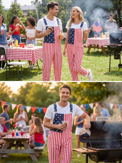 WORK IDEA Men's American Flag Overalls - 250th Anniversary Patriotic USA Stretch Cotton Bibs 4th of July