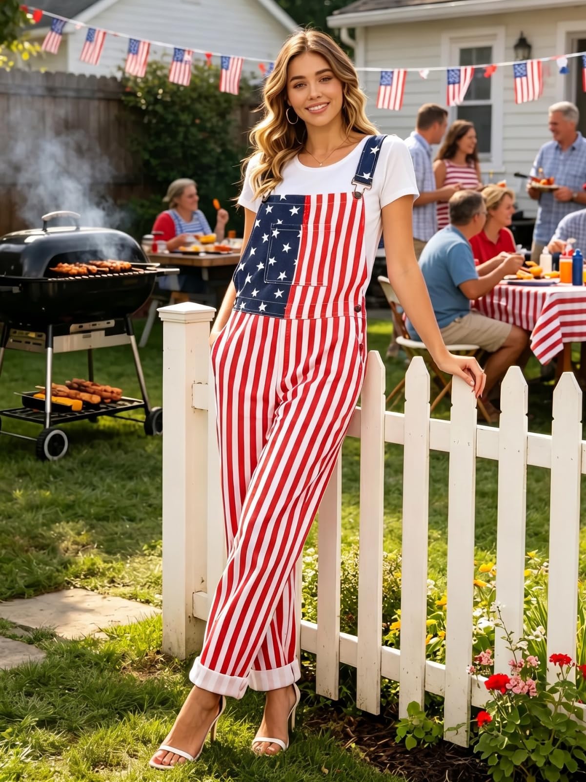 WORK IDEA Women's American Flag Overalls - 250th Anniversary Patriotic USA Stretch Cotton Bibs 4th of July