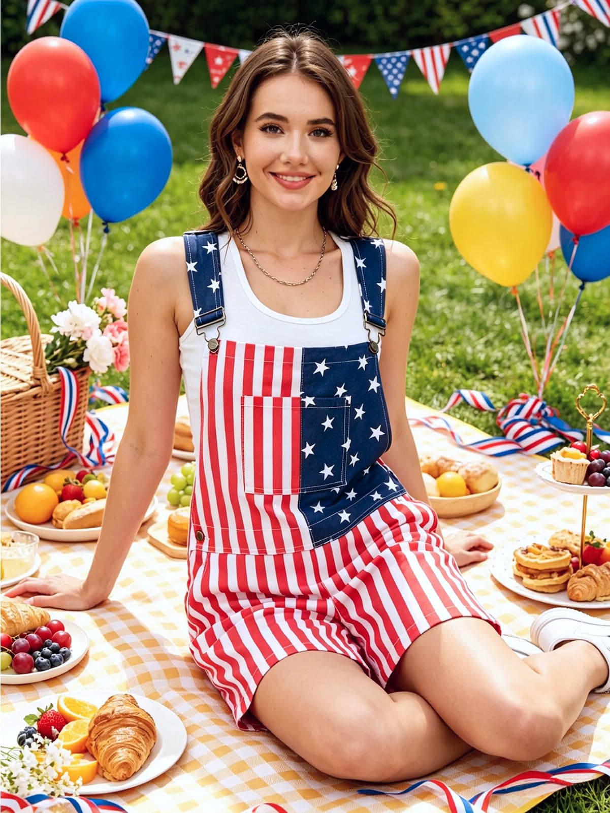 WORK IDEA Women's American Flag Overall Shorts - 250th Anniversary Patriotic USA Stretch Cotton 4th of July