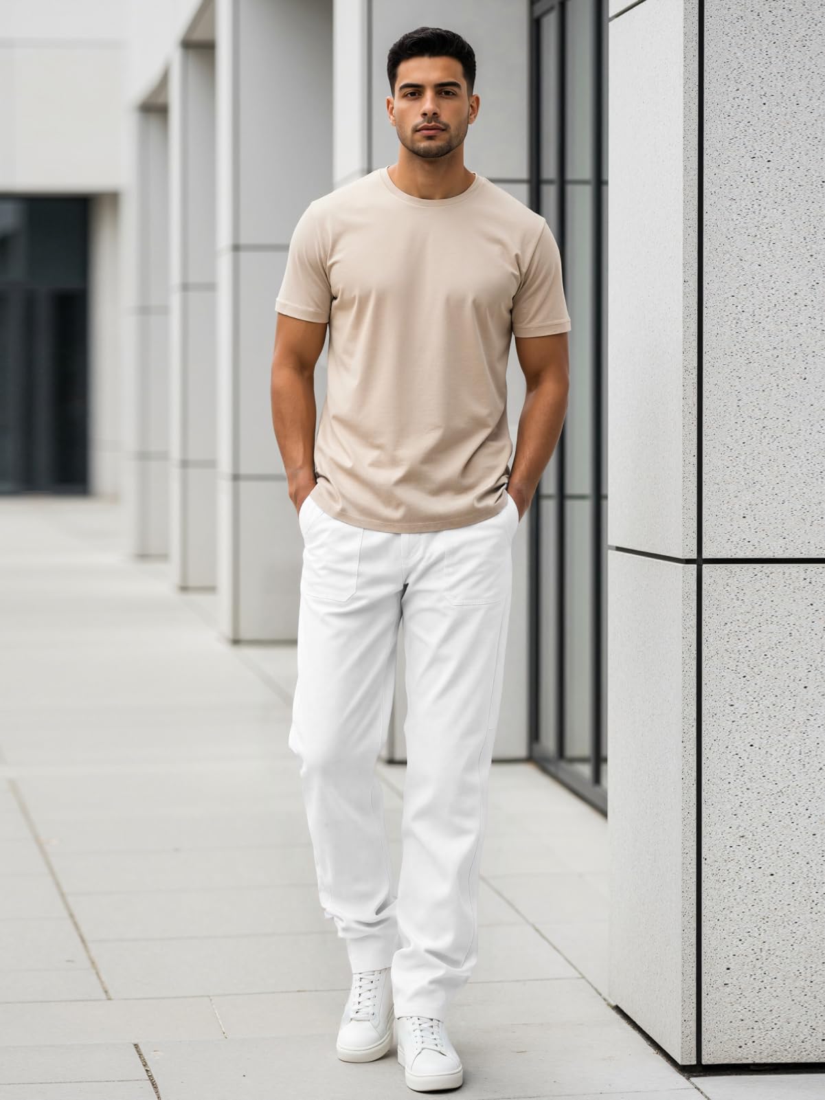 WORK IDEA Men's Cotton Painter Pants - White Relaxed Fit Chinos, Straight Leg Casual Trousers with Patch Pockets