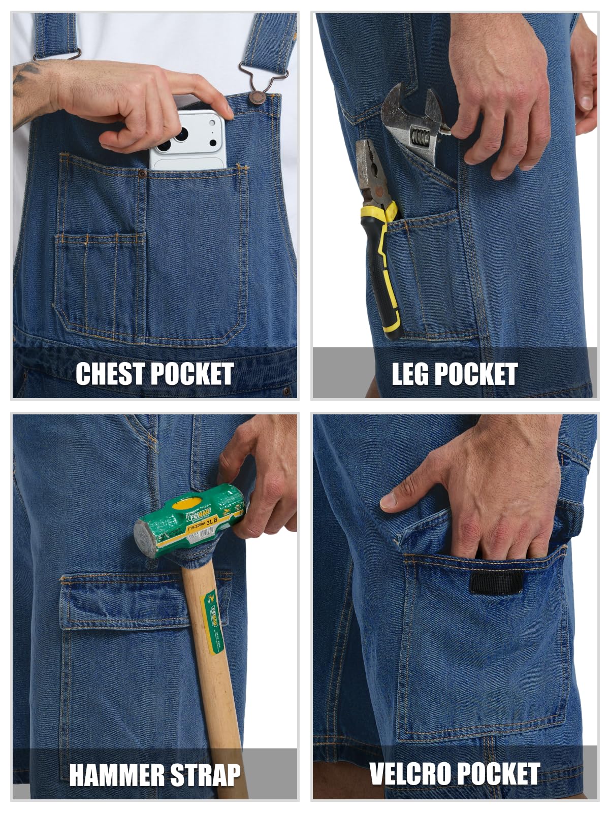 WORK IDEA Men's Denim Overalls for Men Jean Shorts, 100% Cotton, Relaxed Fit, Multi-Pocket Design Jumpsuit