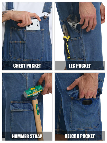 WORK IDEA Men's Denim Overalls for Men Jean Shorts, 100% Cotton, Relaxed Fit, Multi-Pocket Design Jumpsuit