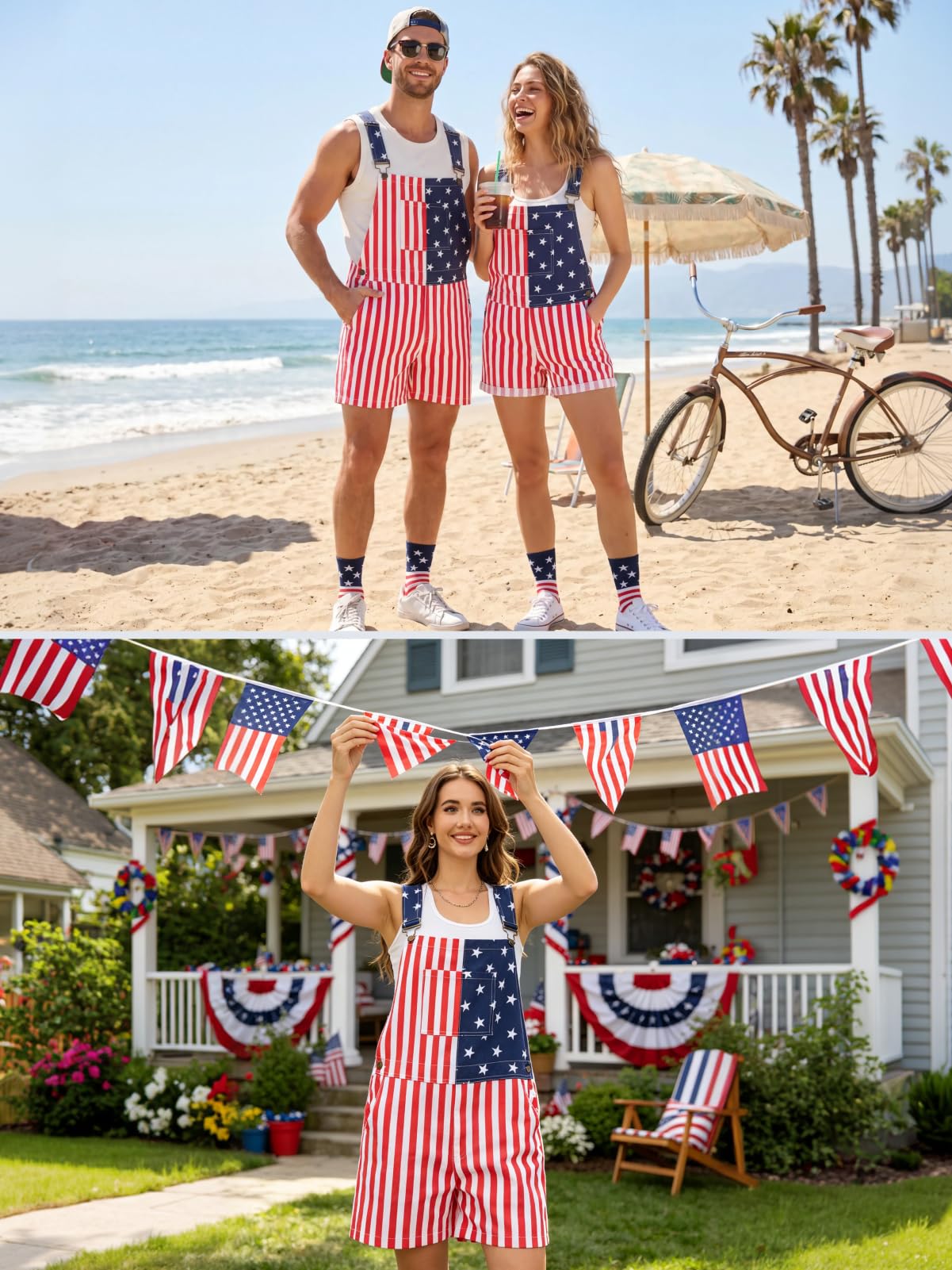 WORK IDEA Women's American Flag Overall Shorts - 250th Anniversary Patriotic USA Stretch Cotton 4th of July