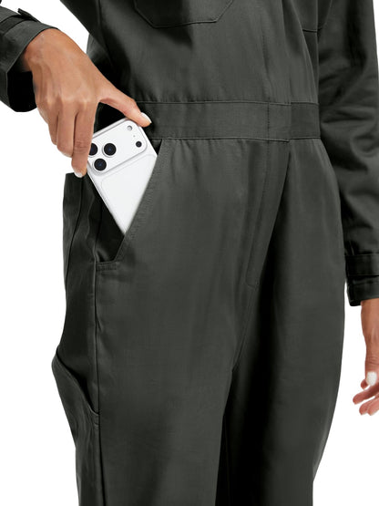 WORK IDEA Women's Long Sleeve Coveralls - 100% Cotton Work Jumpsuits Action Back And Utility Pockets with Hook