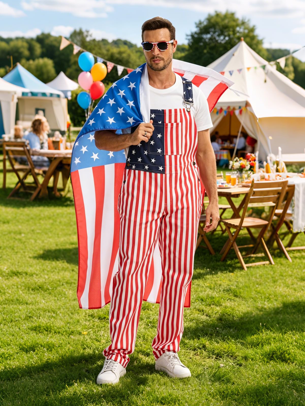 WORK IDEA Men's American Flag Overalls - 250th Anniversary Patriotic USA Stretch Cotton Bibs 4th of July