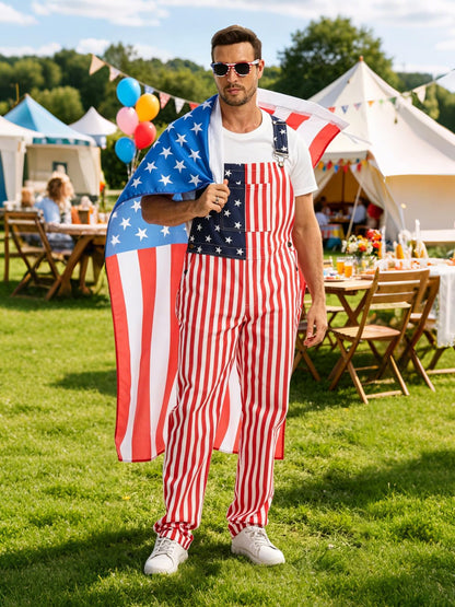 WORK IDEA Men's American Flag Overalls - 250th Anniversary Patriotic USA Stretch Cotton Bibs 4th of July