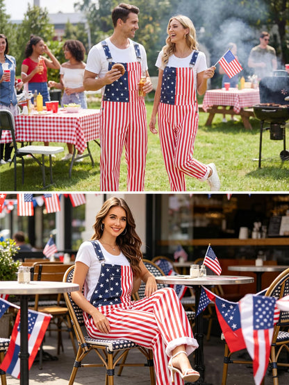 WORK IDEA Women's American Flag Overalls - 250th Anniversary Patriotic USA Stretch Cotton Bibs 4th of July