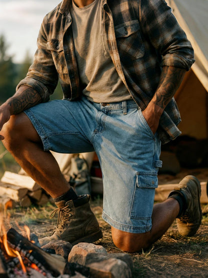 WORK IDEA Men's Cargo Denim Work Shorts, Relaxed Fit, Heavy Duty Cotton, Multiple Pockets and Durable Fabric
