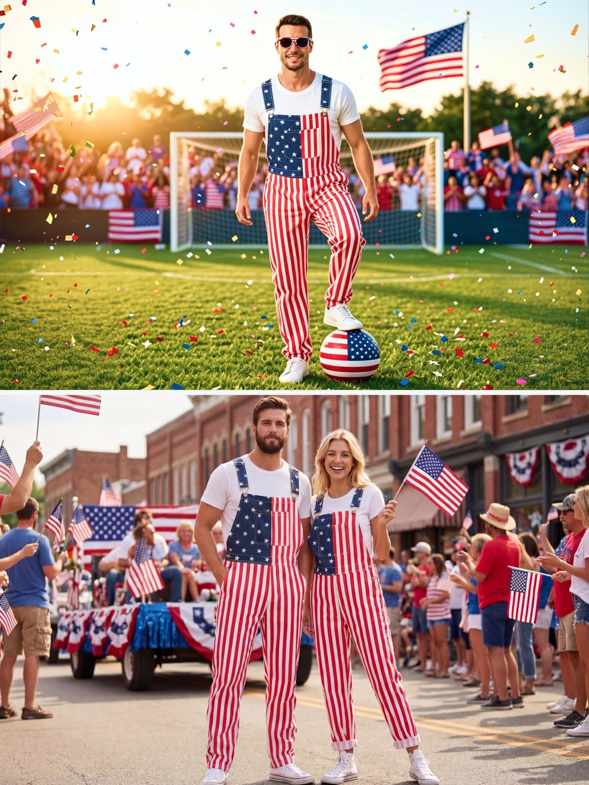 WORK IDEA Men's American Flag Overalls - 250th Anniversary Patriotic USA Stretch Cotton Bibs 4th of July