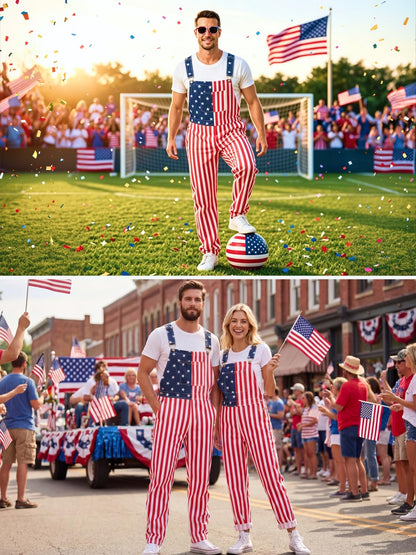 WORK IDEA Men's American Flag Overalls - 250th Anniversary Patriotic USA Stretch Cotton Bibs 4th of July