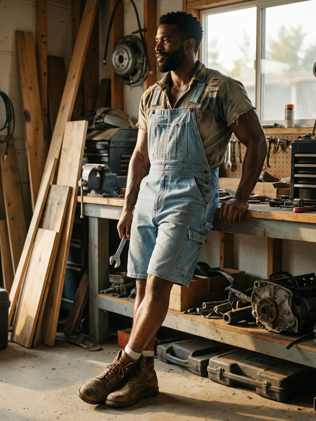 WORK IDEA Men's Denim Overalls for Men Jean Shorts, 100% Cotton, Relaxed Fit, Multi-Pocket Design Jumpsuit