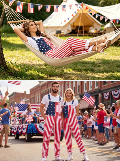WORK IDEA Women's American Flag Overalls - 250th Anniversary Patriotic USA Stretch Cotton Bibs 4th of July